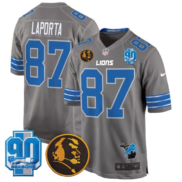 Detroit Lions 2024 90th & John Madden Patch Game Jersey – All Stitched – Gray – Sam Laporta Jersey