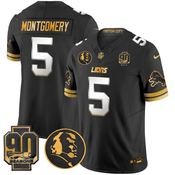 Detroit Lions 2024 90th & John Madden Patch Gold Vapor Limited Jersey V2 – All Stitched – Black Limited – David Montgomery Jersey