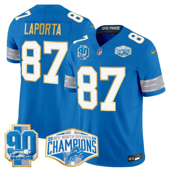 Detroit Lions 2024 NFC North Division Champions Patch Gold Trim Vapor Limited Jersey – All Stitched – Blue – Sam Laporta Jersey