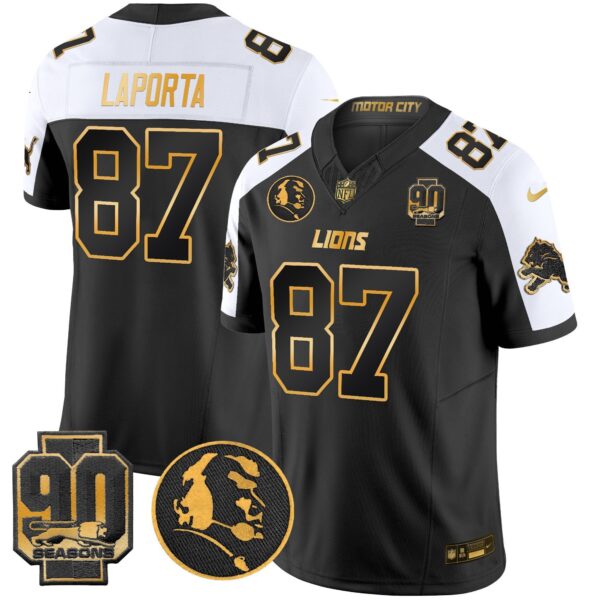 Detroit Lions 2024 90th & John Madden Patch Gold Vapor Limited Jersey V2 – All Stitched – Alternate – Sam Laporta Jersey