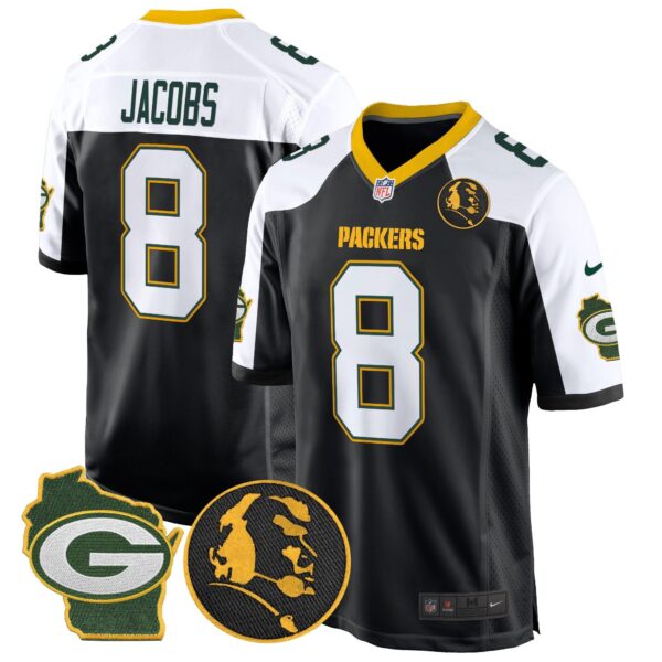 Packers John Madden & Home Patch Game Jersey – All Stitched – Black Alternate – Josh Jacobs Jersey