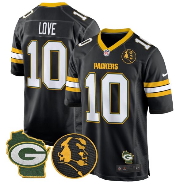 Packers John Madden & Home Patch Game Jersey – All Stitched – Black – Jordan Love Jersey