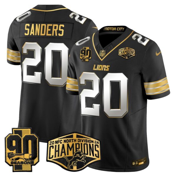 Detroit Lions 2024 NFC North Division Champions Patch Gold Vapor Limited Jersey – All Stitched – Black Limited – Barry Sanders Jersey