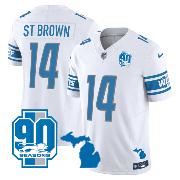 Detroit Lions Michigan State & 90th Year Patch Jersey – All Stitched – White – St Brown Jersey