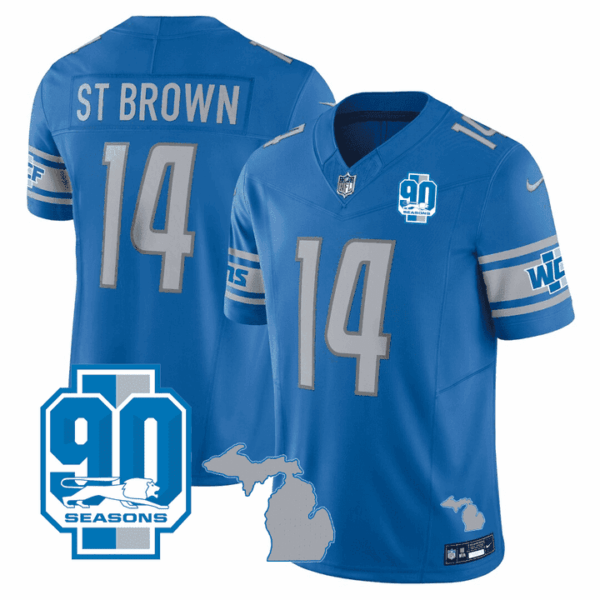 Detroit Lions Michigan State & 90th Year Patch Jersey – All Stitched – Blue – St Brown Jersey