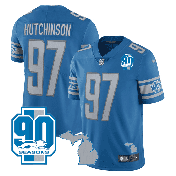 Detroit Lions Michigan State & 90th Year Patch Jersey – All Stitched – Blue – Hutchinson Jersey