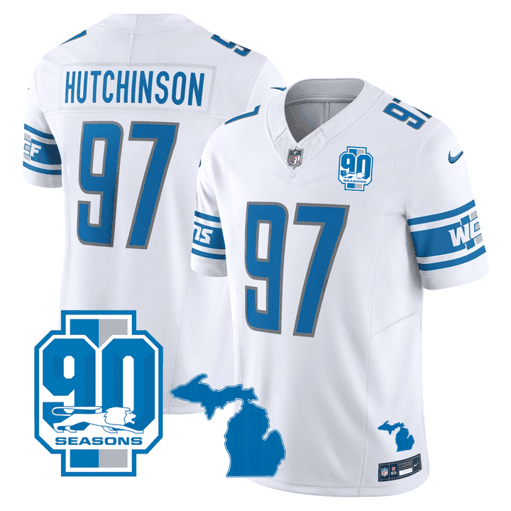 Detroit Lions Michigan State & 90th Year Patch Jersey – All Stitched – White – Hutchinson Jersey