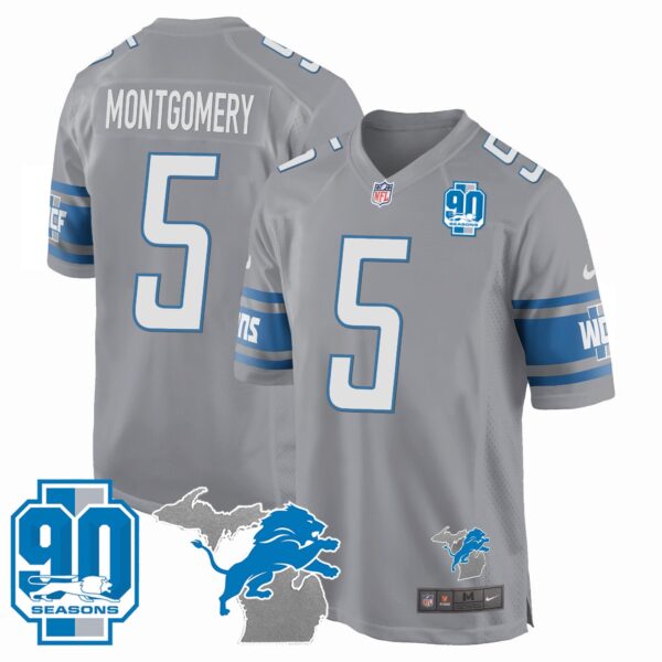 Detroit Lions 90th Year & Michigan Patch Game Jersey – All Stitched – Gray – David Montgomery Jersey