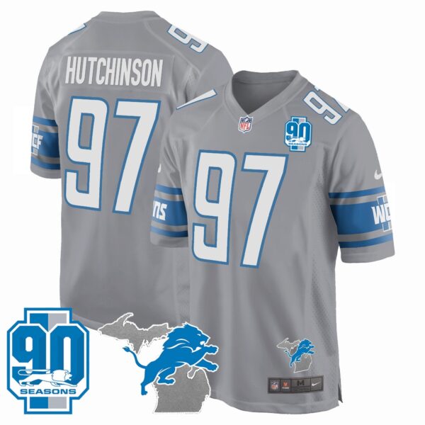 Detroit Lions 90th Year & Michigan Patch Game Jersey – All Stitched – Gray – Hutchinson Jersey