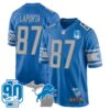 Detroit Lions 90th Year & Michigan Patch Game Jersey – All Stitched – Blue – Sam Laporta Jersey