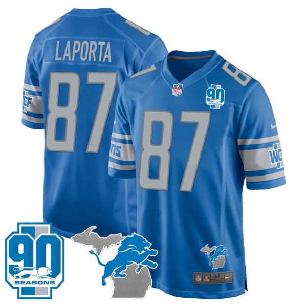 Detroit Lions 90th Year & Michigan Patch Game Jersey – All Stitched – Blue – Sam Laporta Jersey