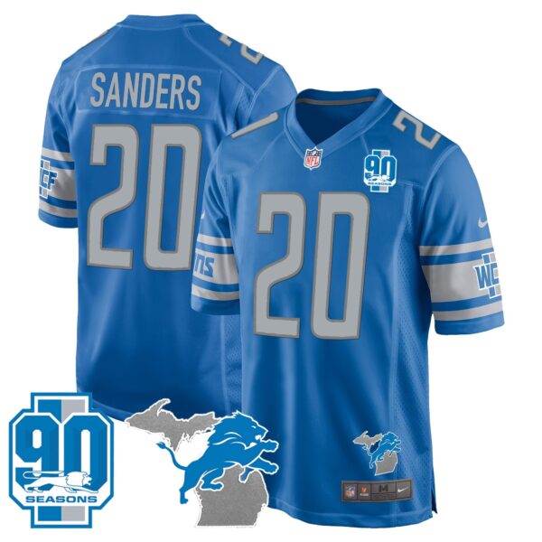 Detroit Lions 90th Year & Michigan Patch Game Jersey – All Stitched – Blue – Barry Sanders Jersey