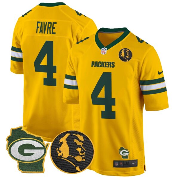 Packers John Madden & Home Patch Game Jersey – All Stitched – Gold – Brett Favre Jersey