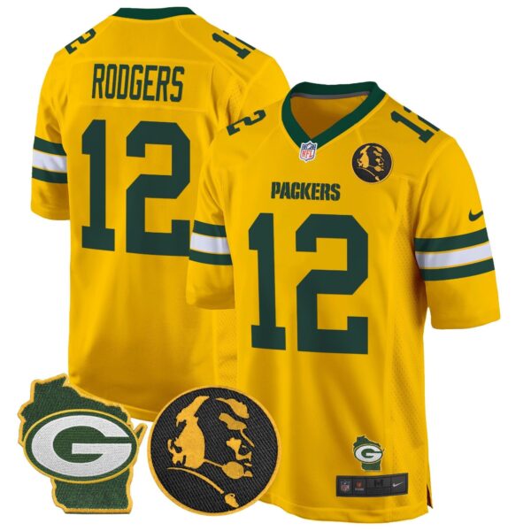 Packers John Madden & Home Patch Game Jersey – All Stitched – Gold – Aaron Rodgers Jersey