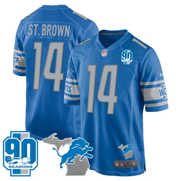 Detroit Lions 90th Year & Michigan Patch Game Jersey – All Stitched – Blue – St. Brown Jersey