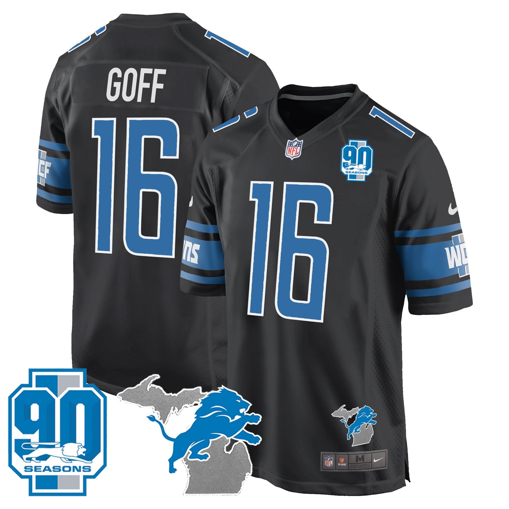 Detroit Lions 90th Year & Michigan Patch Game Jersey – All Stitched – Black – Jared Goff Jersey
