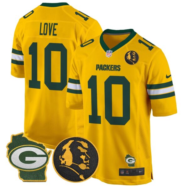 Packers John Madden & Home Patch Game Jersey – All Stitched – Gold – Jordan Love Jersey