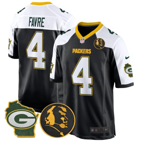 Packers John Madden & Home Patch Game Jersey – All Stitched – Black Alternate – Brett Favre Jersey