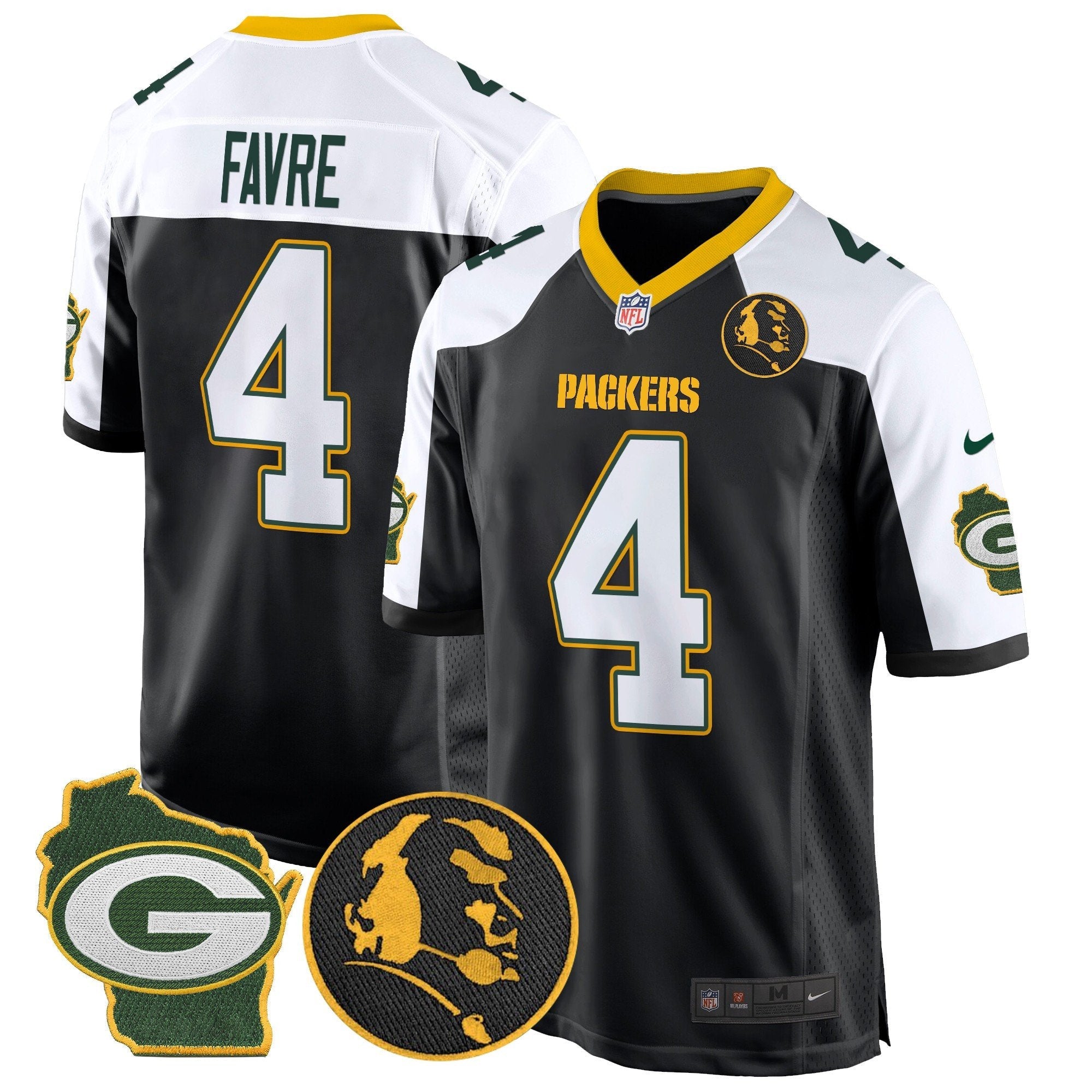 Packers John Madden & Home Patch Game Jersey – All Stitched – Black Alternate – Brett Favre Jersey