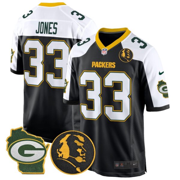 Packers John Madden & Home Patch Game Jersey – All Stitched – Black Alternate – Aaron Jones Jersey