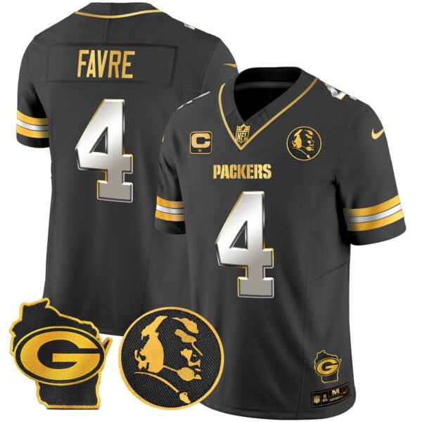 Packers John Madden & Home Patch Gold Vapor Limited Jersey – All Stitched – Black Limited – Brett Favre Jersey