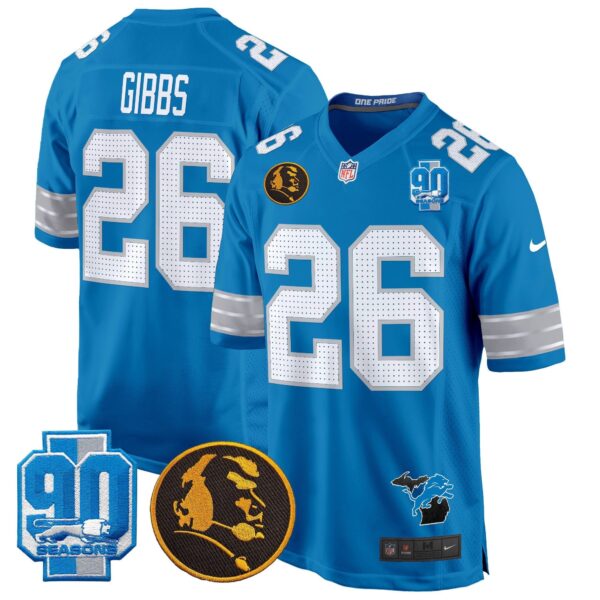 Detroit Lions 2024 90th & John Madden Patch Game Jersey – All Stitched – Blue – Jahmyr Gibbs Jersey