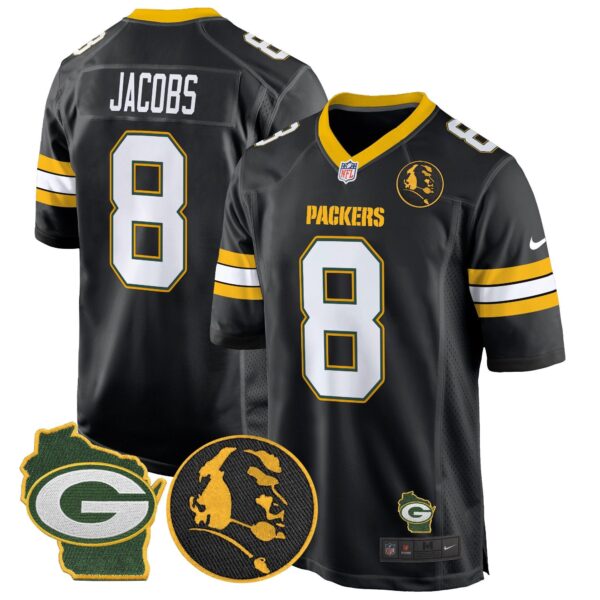 Packers John Madden & Home Patch Game Jersey – All Stitched – Black – Josh Jacobs Jersey