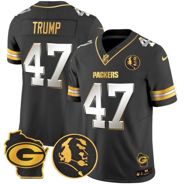 Packers John Madden & Home Patch Gold Vapor Limited Jersey – All Stitched – Black Limited – Donald Trump Jersey