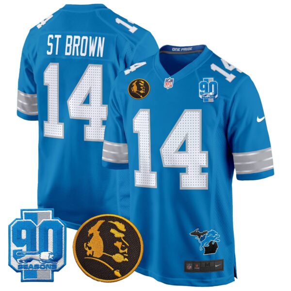 Detroit Lions 2024 90th & John Madden Patch Game Jersey – All Stitched – Blue – St.Brown Jersey