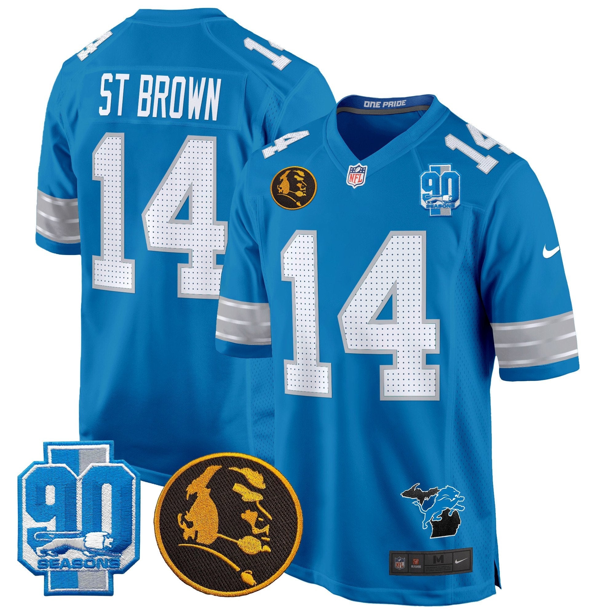 Detroit Lions 2024 90th & John Madden Patch Game Jersey – All Stitched – Blue – St.Brown Jersey