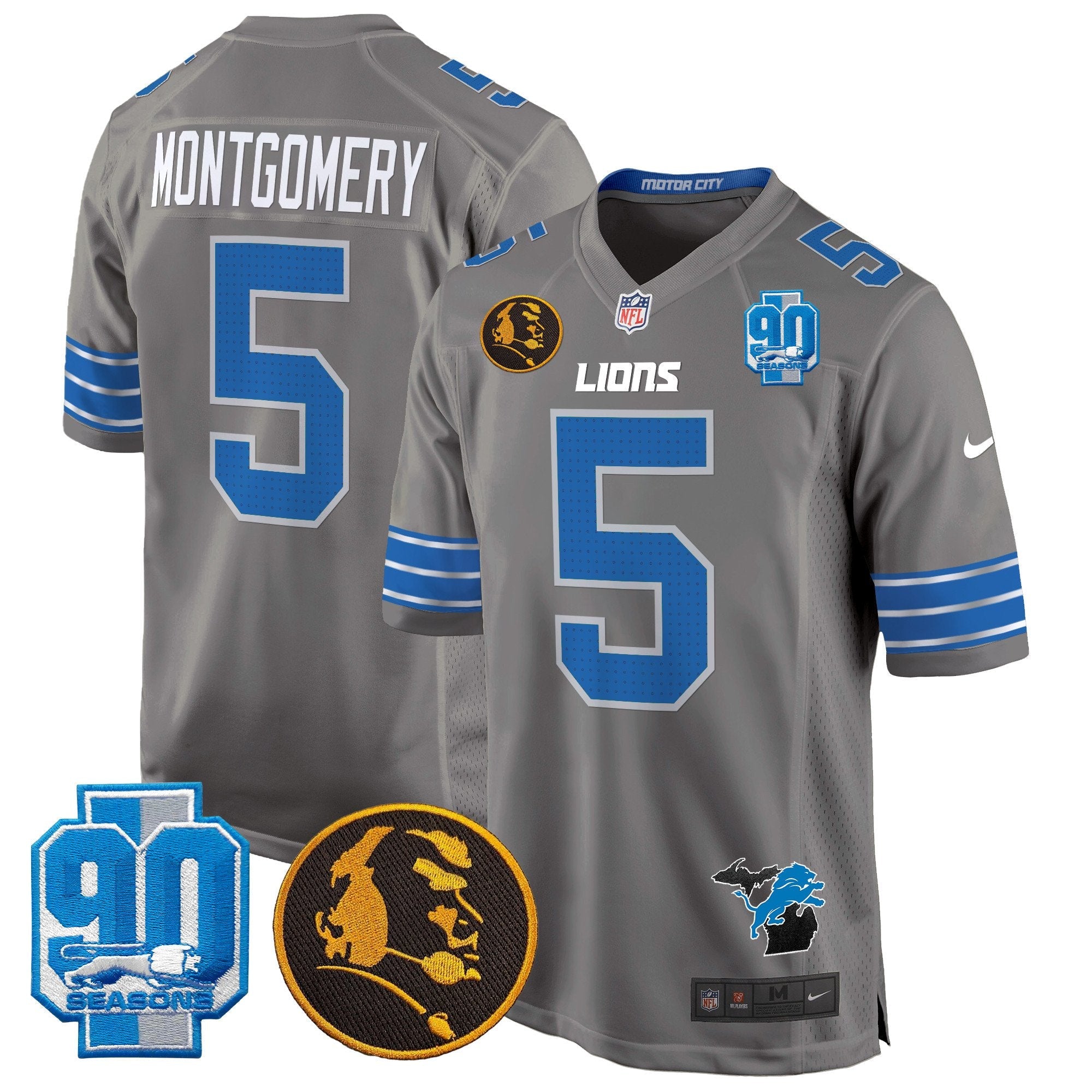 Detroit Lions 2024 90th & John Madden Patch Game Jersey – All Stitched – Gray – David Montgomery Jersey