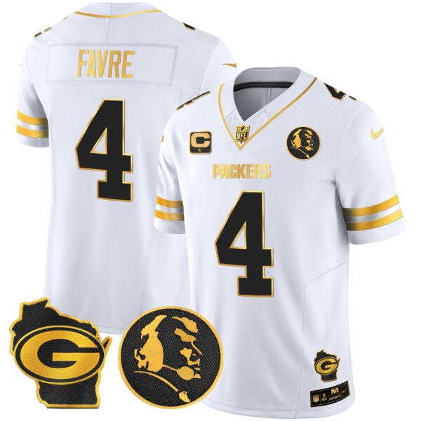 Packers John Madden & Home Patch Gold Vapor Limited Jersey – All Stitched – White Gold – Brett Favre Jersey