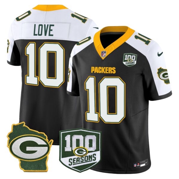 Packers 100th Season & Home Patch Vapor Limited Jersey – All Stitched – Black Alternate – Jordan Love Jersey