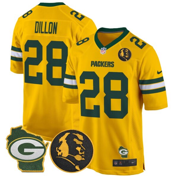 Packers John Madden & Home Patch Game Jersey – All Stitched – Gold – AJ Dillon Jersey