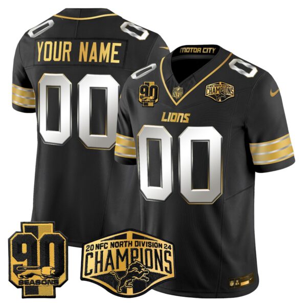 Detroit Lions 2024 NFC North Division Champions Patch Gold Vapor Limited Custom Jersey – All Stitched – Black Limited Jersey