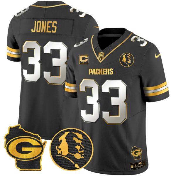 Packers John Madden & Home Patch Gold Vapor Limited Jersey – All Stitched – Black Limited – Aaron Jones Jersey