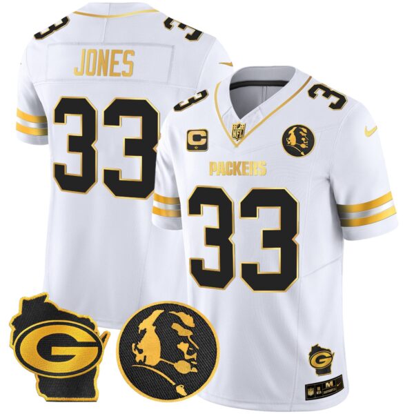 Packers John Madden & Home Patch Gold Vapor Limited Jersey – All Stitched – White Gold – Aaron Jones Jersey
