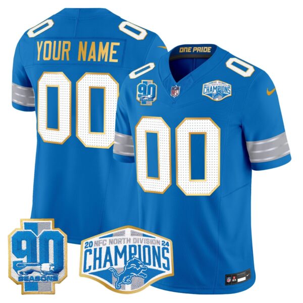 Detroit Lions 2024 NFC North Division Champions Patch Gold Trim Vapor Limited Custom Jersey – All Stitched – Blue Jersey