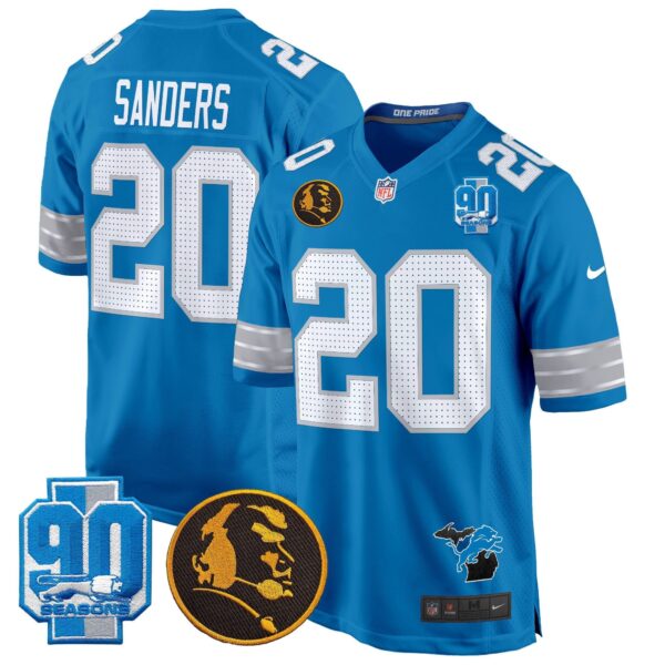 Detroit Lions 2024 90th & John Madden Patch Game Jersey – All Stitched – Blue – Barry Sanders Jersey