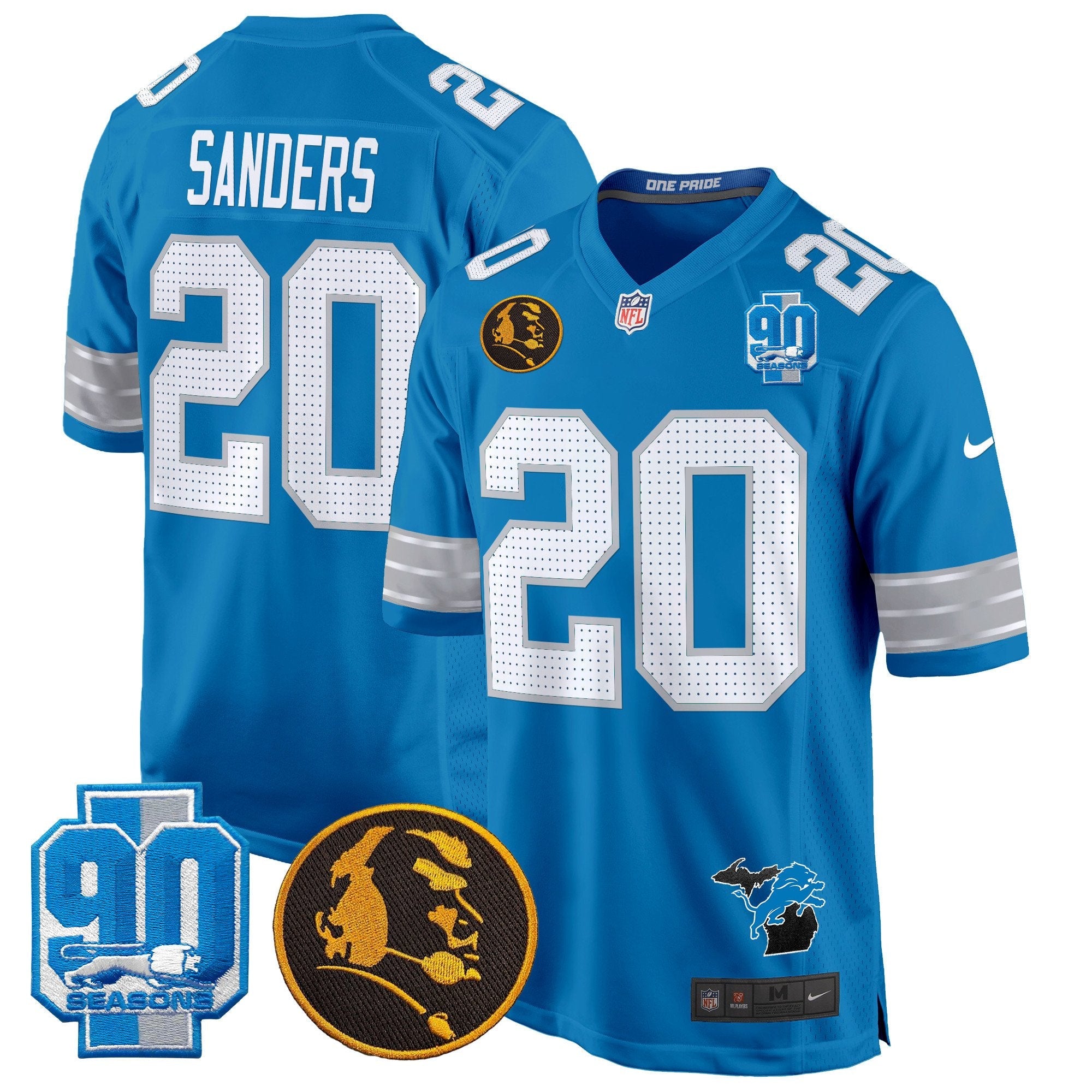 Detroit Lions 2024 90th & John Madden Patch Game Jersey – All Stitched – Blue – Barry Sanders Jersey