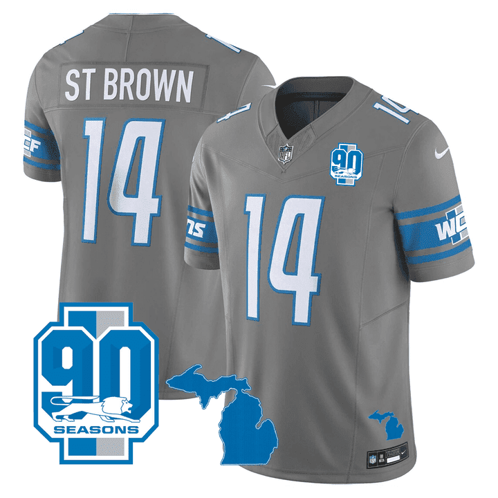 Detroit Lions Michigan State & 90th Year Patch Jersey – All Stitched – Gray – St Brown Jersey