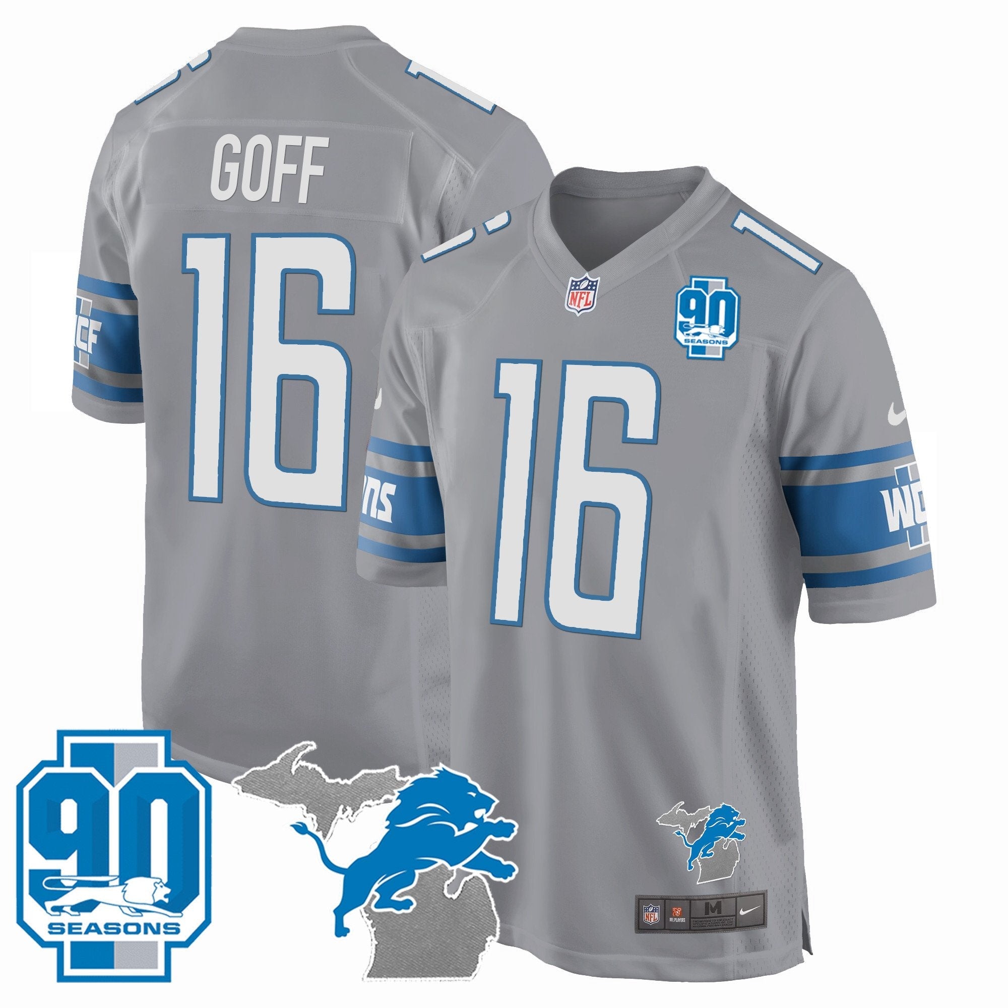 Detroit Lions 90th Year & Michigan Patch Game Jersey – All Stitched – Gray – Jared Goff Jersey