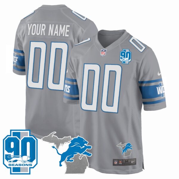 Detroit Lions 90th Year & Michigan Patch Game Custom Jersey – All Stitched – Gray Jersey