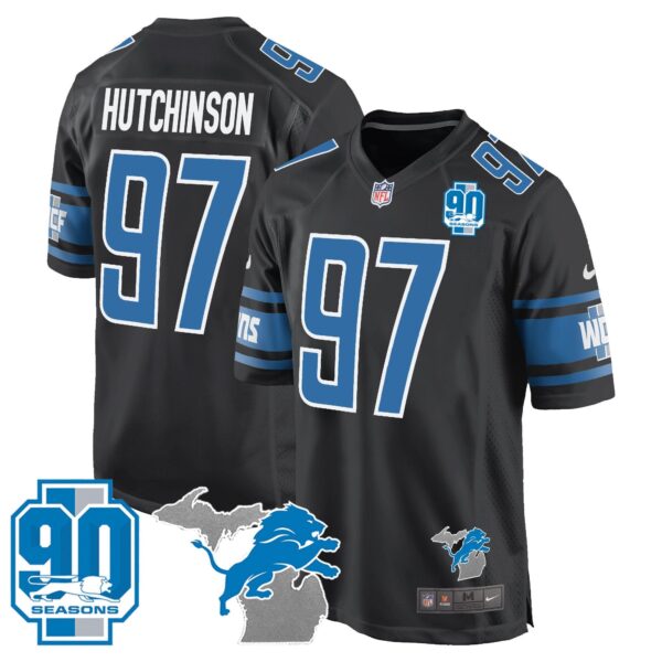 Detroit Lions 90th Year & Michigan Patch Game Jersey – All Stitched – Black – Hutchinson Jersey