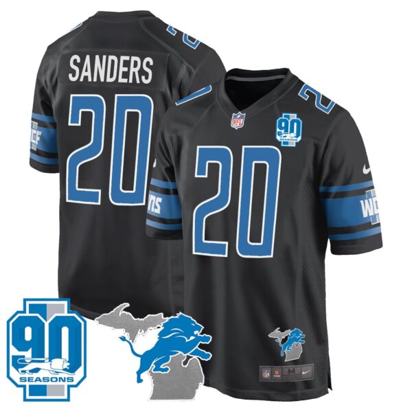 Detroit Lions 90th Year & Michigan Patch Game Jersey – All Stitched – Black – Barry Sanders Jersey