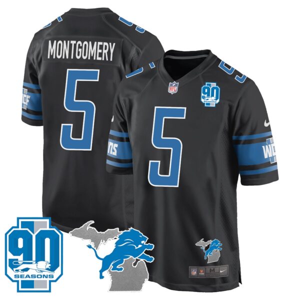 Detroit Lions 90th Year & Michigan Patch Game Jersey – All Stitched – Black – David Montgomery Jersey