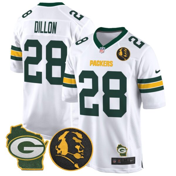 Packers John Madden & Home Patch Game Jersey – All Stitched – White – AJ Dillon Jersey