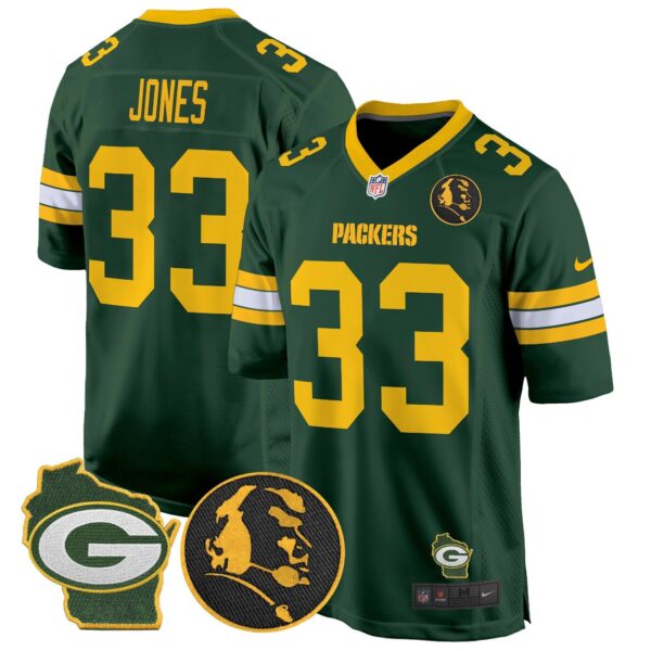 Packers John Madden & Home Patch Game Jersey – All Stitched – Green – Aaron Jones Jersey