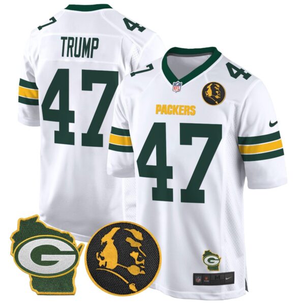 Packers John Madden & Home Patch Game Jersey – All Stitched – White – Donald Trump Jersey