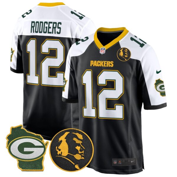 Packers John Madden & Home Patch Game Jersey – All Stitched – Black Alternate – Aaron Rodgers Jersey